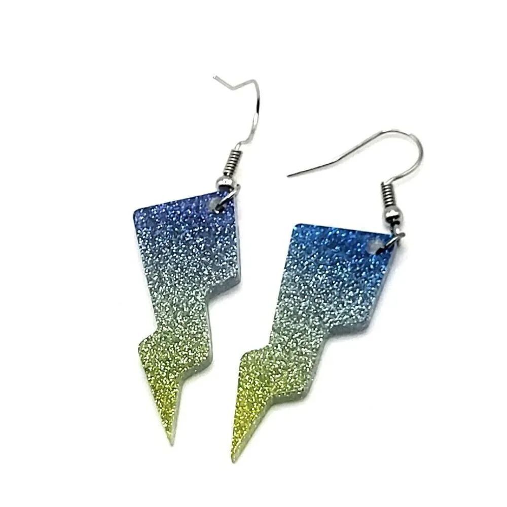 Acrylic Lightning Bolt Earrings Ombre Glitter Festival 2.5in